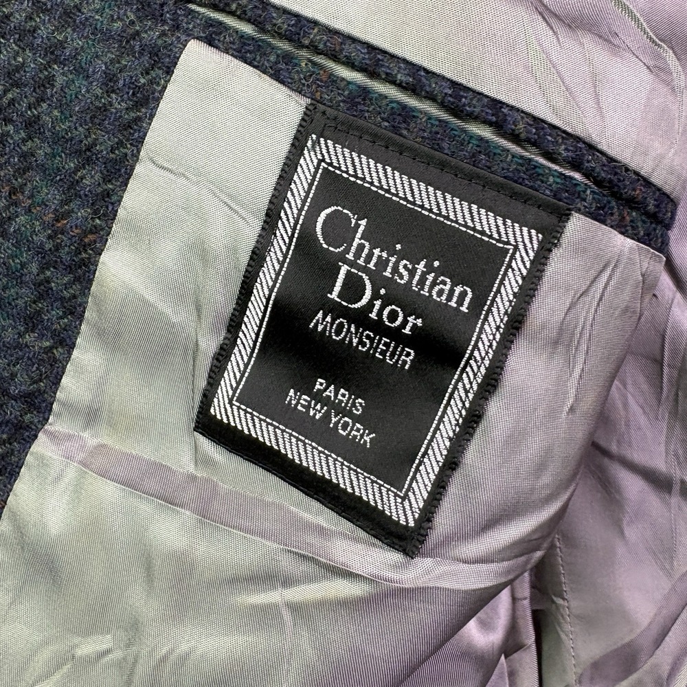 VTG Christian Dior Blazer Mens 42R Blue Wool Coat Houndstooth Plaid Jacket - Picture 4 of 12